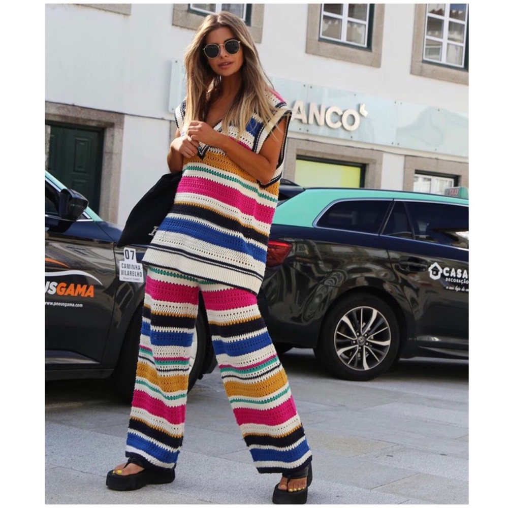 NWT Zara 2-Piece Multicolored Oversized Knit Vest and Pants Set